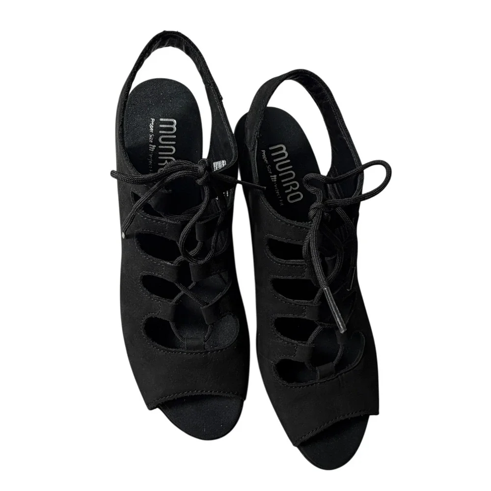 Munro Jillie Black Nubuck Ghillie Lace Up Slingback Block Heel Sandals 8N